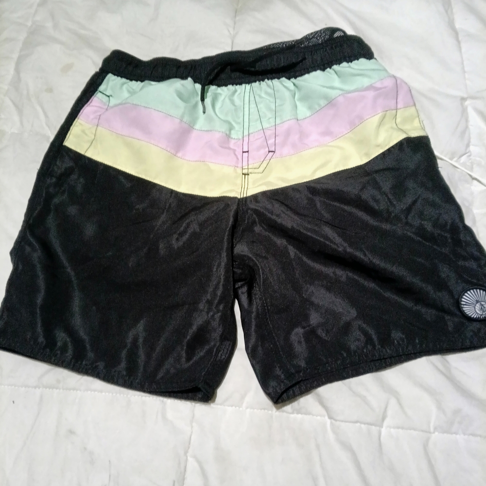 Volcom Men's Black Shorts with Pastel Stripes